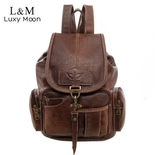 Luxy moon Vintage PU Leather Backpack - Large Drawstring School Bag for Teenage Girls