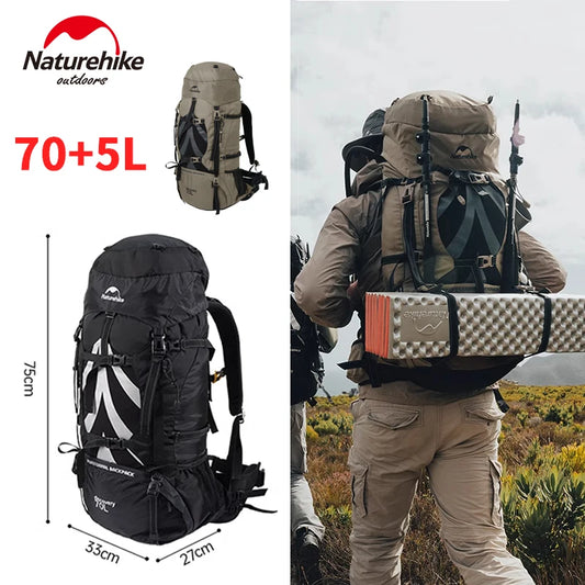 Naturehike 70L+5L Hiking Backpack - Waterproof Mountaineering Pack with Rain Cover