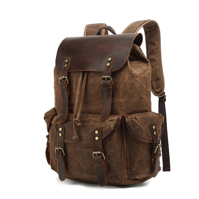 IGETBAG Oil Wax Canvas Backpack - Vintage Waterproof Laptop Drawstring Rucksack