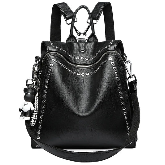 Genuine Leather Backpack with Rivet Details