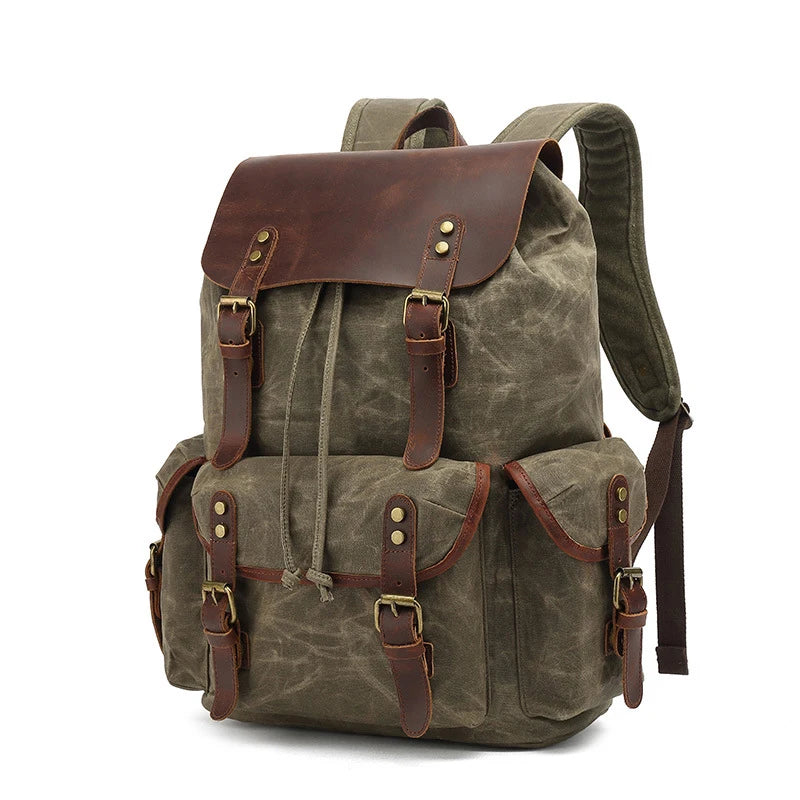 IGETBAG Oil Wax Canvas Backpack - Vintage Waterproof Laptop Drawstring Rucksack