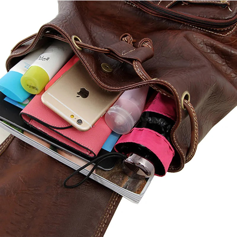 Luxy moon Vintage PU Leather Backpack - Large Drawstring School Bag for Teenage Girls