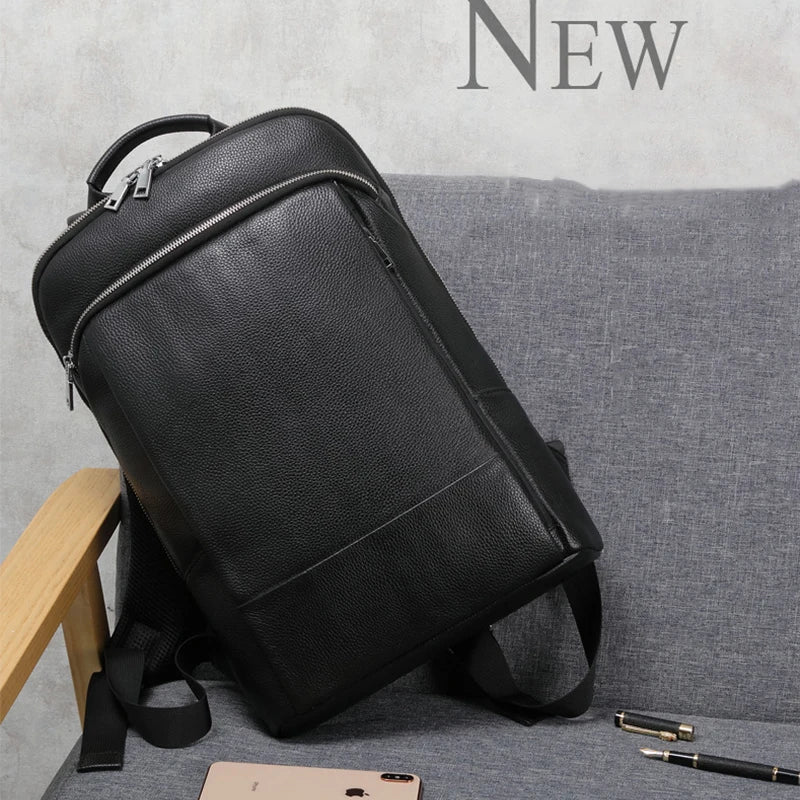 Genuine Leather Business Backpack with USB Charging