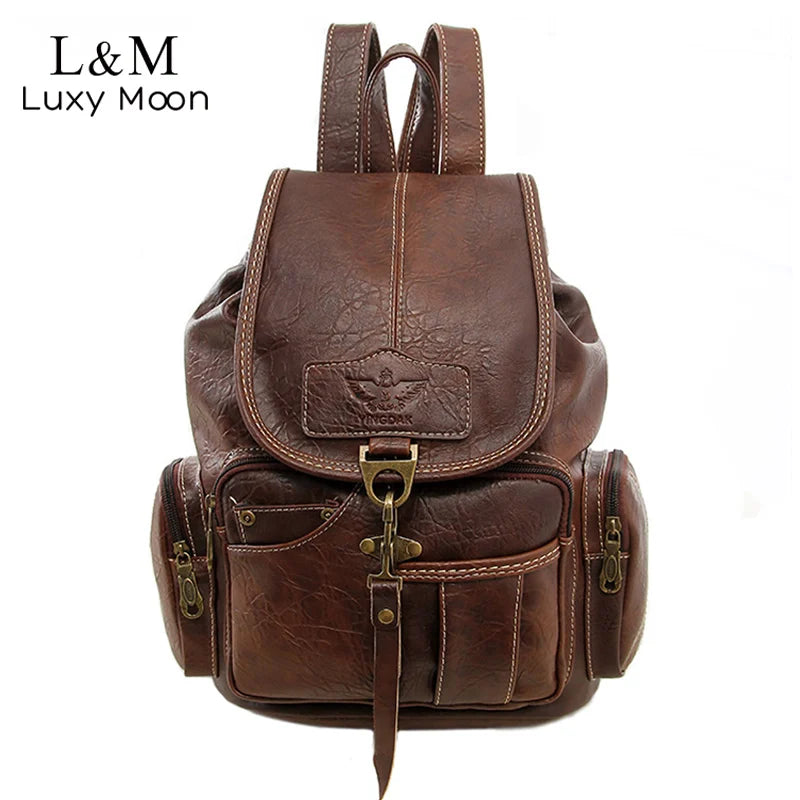 Luxy moon Vintage PU Leather Backpack - Large Drawstring School Bag for Teenage Girls