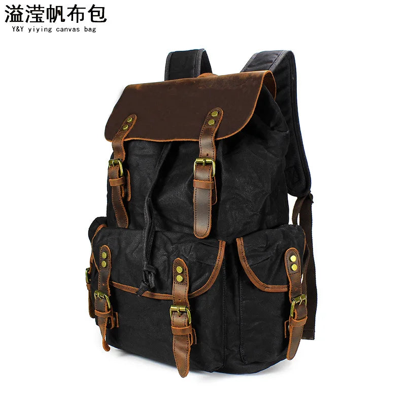 IGETBAG Oil Wax Canvas Backpack - Vintage Waterproof Laptop Drawstring Rucksack