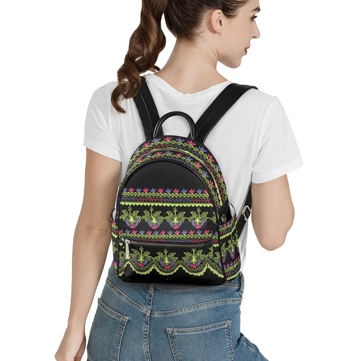 Polynesian Tribal Plumeria Hibiscus Print Backpack - Fashion PU Leather for Teenage Girls