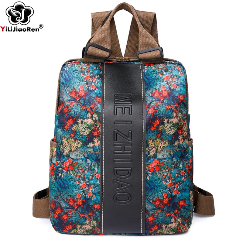 YILIJIAOREN Fashion Designer Canvas Backpack - Large Floral Rucksack for Women Students