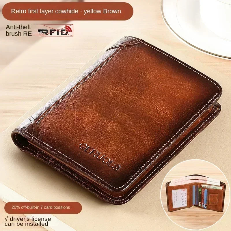Men's Genuine Leather RFID Trifold Wallet - Vintage Slim Design