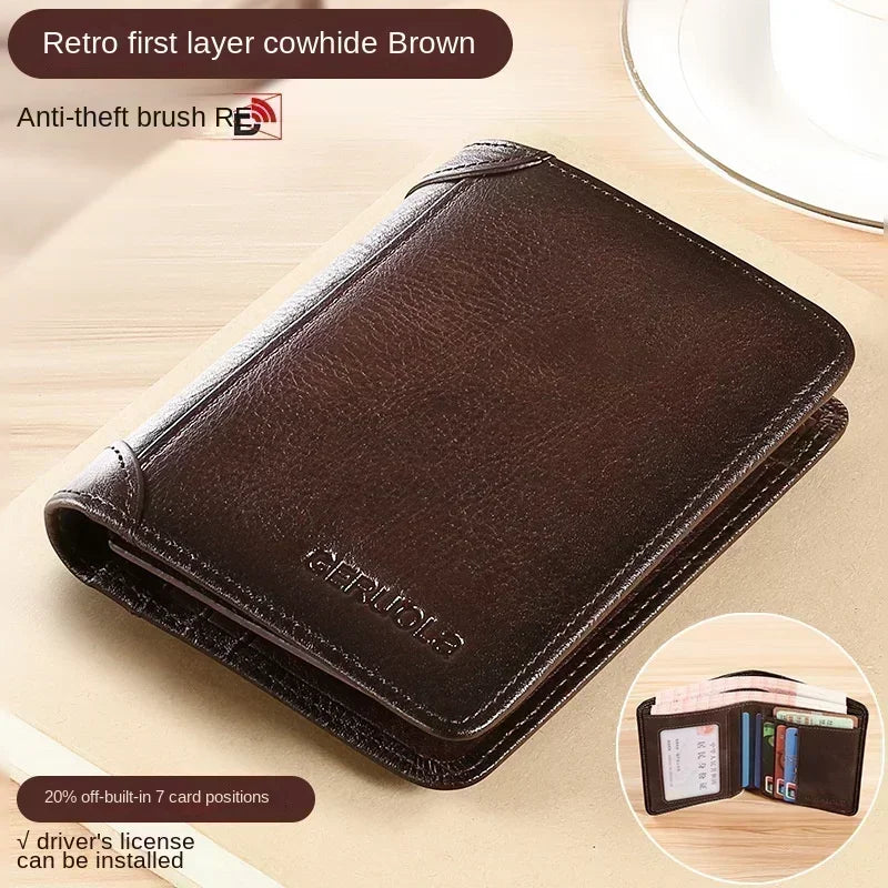 Men's Genuine Leather RFID Trifold Wallet - Vintage Slim Design
