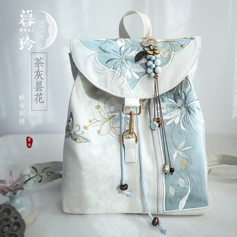 15-Inch Retro Chinese Embroidered Canvas Laptop Backpack - Handmade Drawstring Rucksack