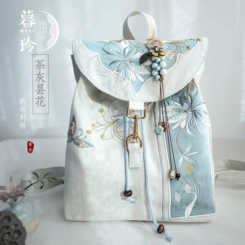 15-Inch Retro Chinese Embroidered Canvas Laptop Backpack - Handmade Drawstring Rucksack