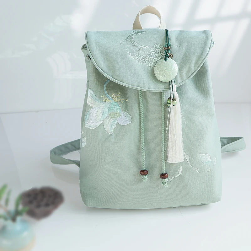 15-Inch Retro Chinese Embroidered Canvas Laptop Backpack - Handmade Drawstring Rucksack
