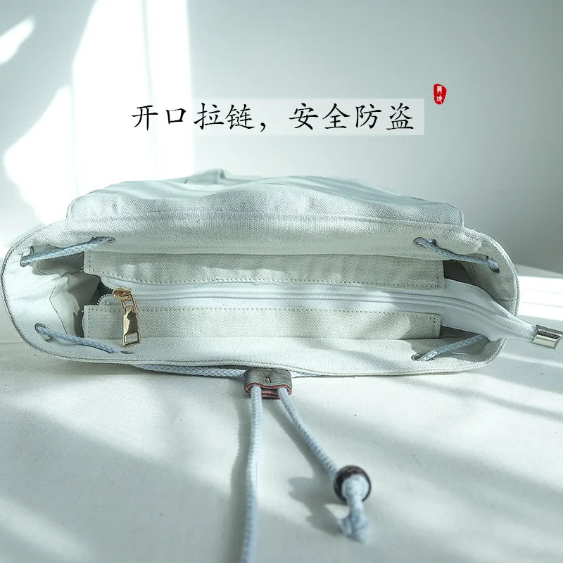 15-Inch Retro Chinese Embroidered Canvas Laptop Backpack - Handmade Drawstring Rucksack