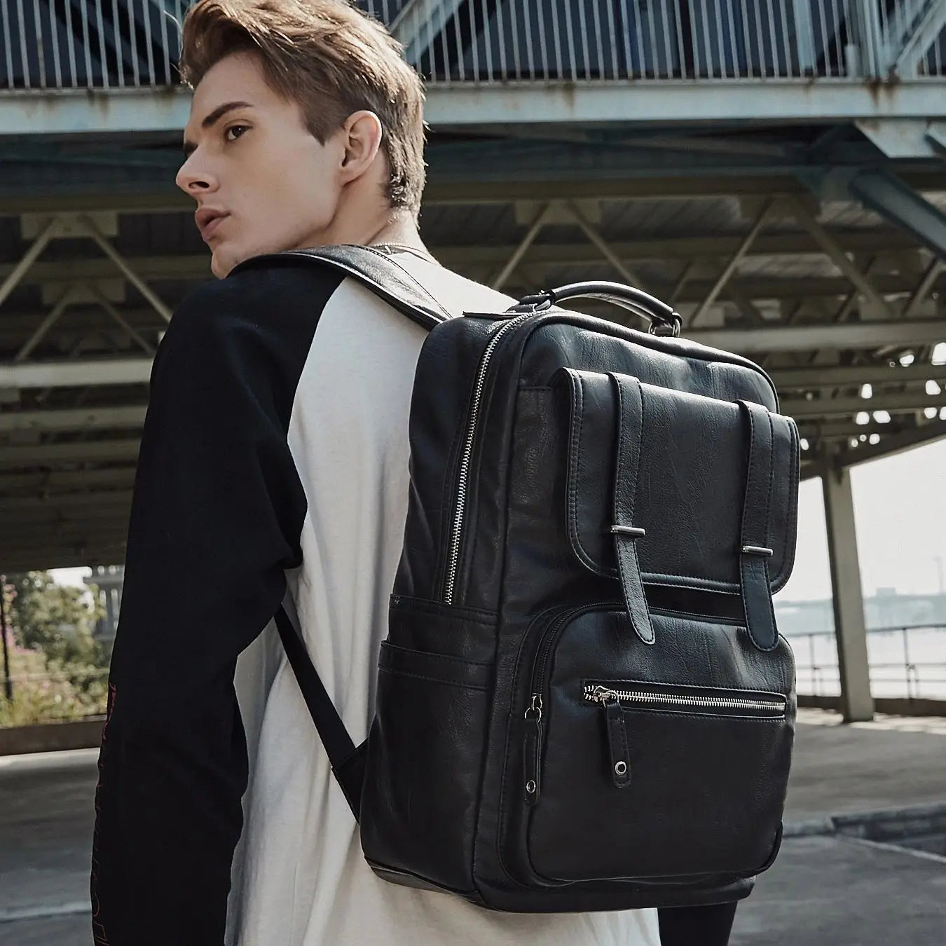 MOYYI Leather Laptop Backpack - Waterproof Vintage Business Commuter Daypack