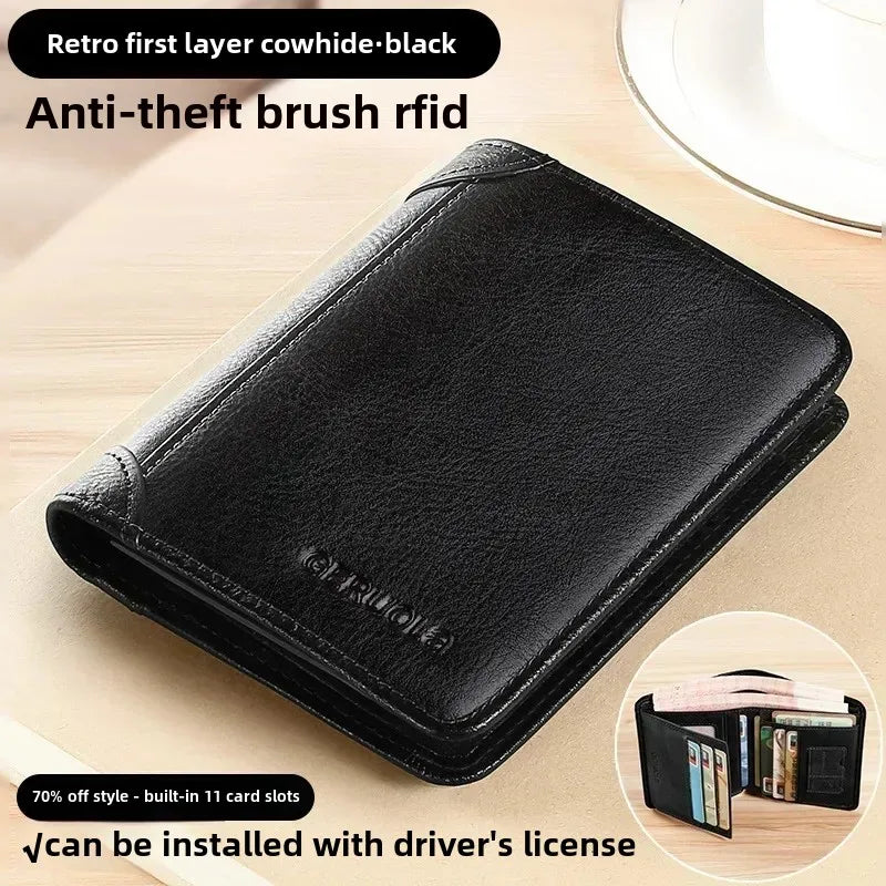 Men's Genuine Leather RFID Trifold Wallet - Vintage Slim Design