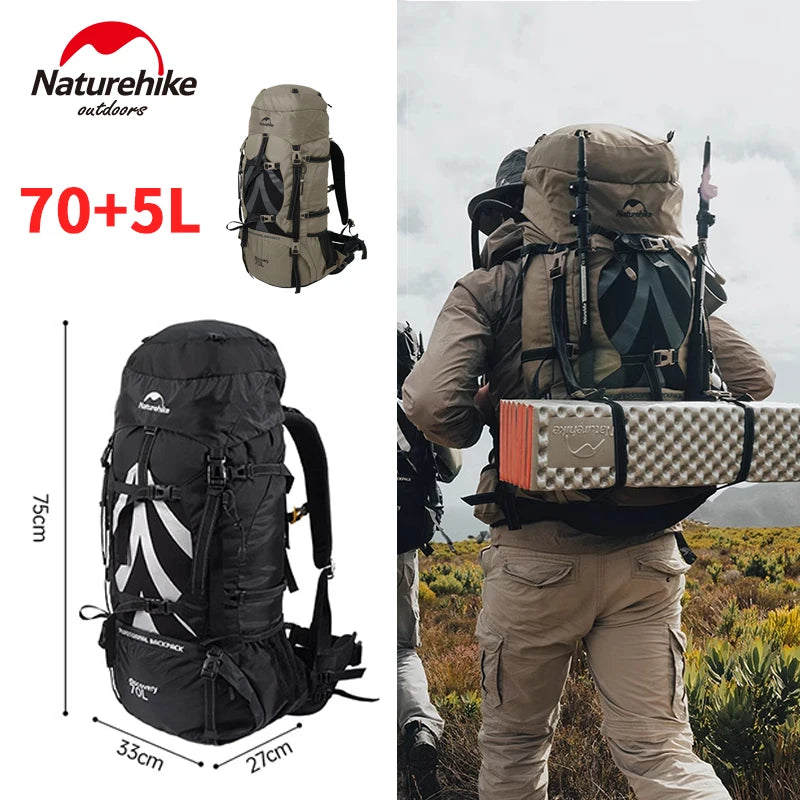 Naturehike 70L+5L Hiking Backpack - Waterproof Mountaineering Pack with Rain Cover