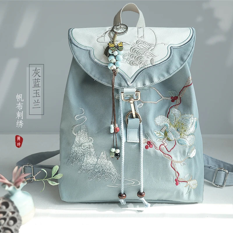 15-Inch Retro Chinese Embroidered Canvas Laptop Backpack - Handmade Drawstring Rucksack