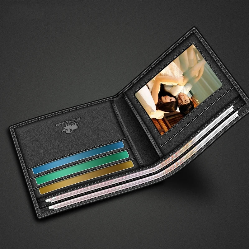 BISON DENIM Genuine Leather RFID Bifold Wallet with Coin Purse