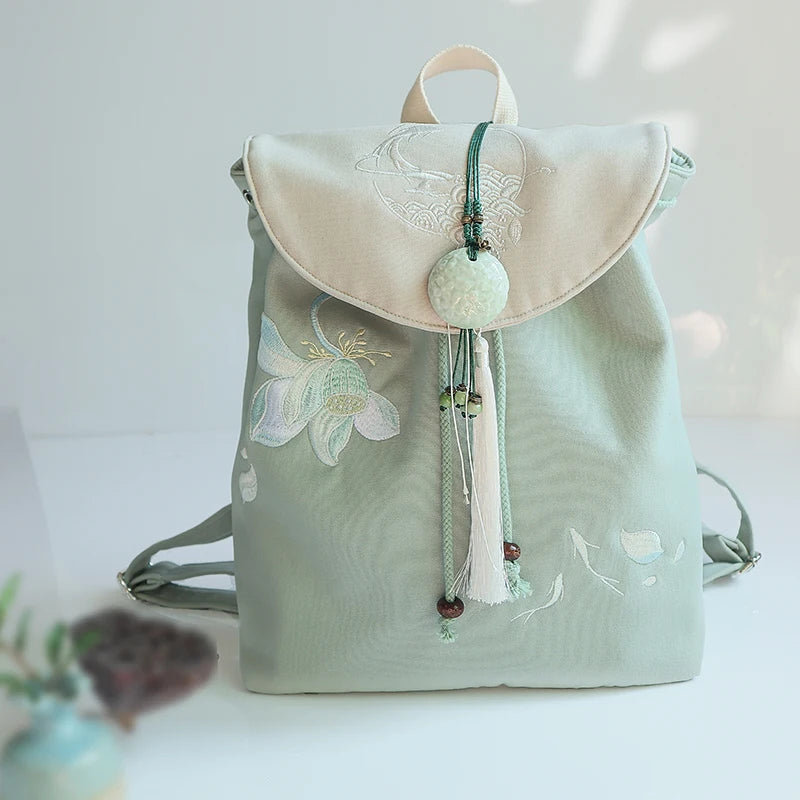 15-Inch Retro Chinese Embroidered Canvas Laptop Backpack - Handmade Drawstring Rucksack