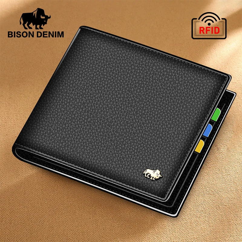 BISON DENIM Genuine Leather RFID Bifold Wallet with Coin Purse