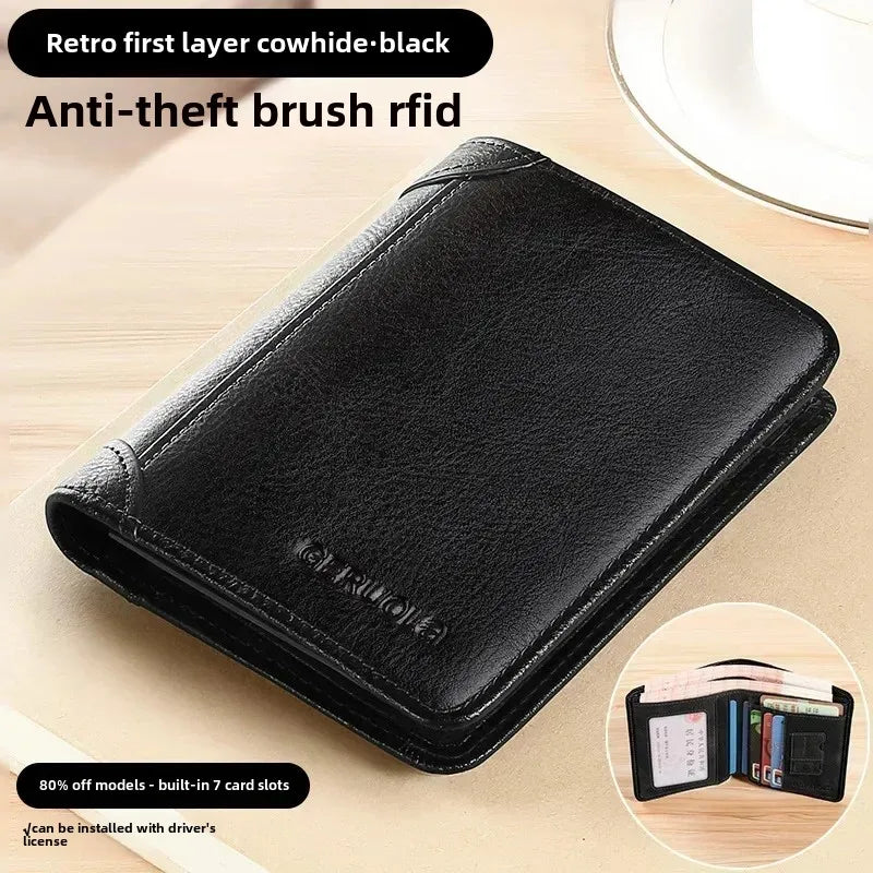 Men's Genuine Leather RFID Trifold Wallet - Vintage Slim Design
