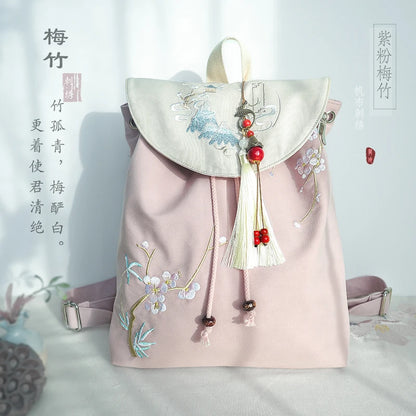 15-Inch Retro Chinese Embroidered Canvas Laptop Backpack - Handmade Drawstring Rucksack