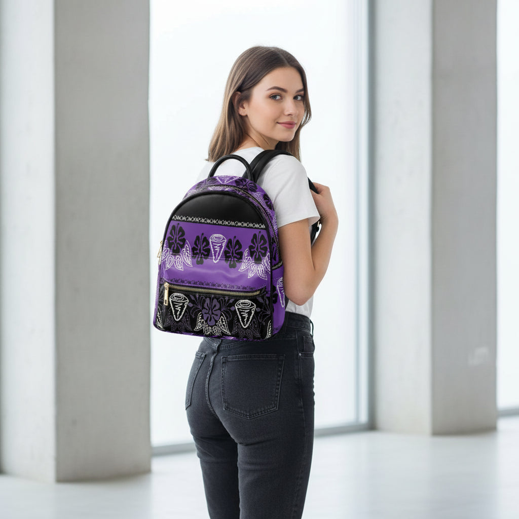 Polynesian Tribal Plumeria Hibiscus Print Backpack - Fashion PU Leather for Teenage Girls