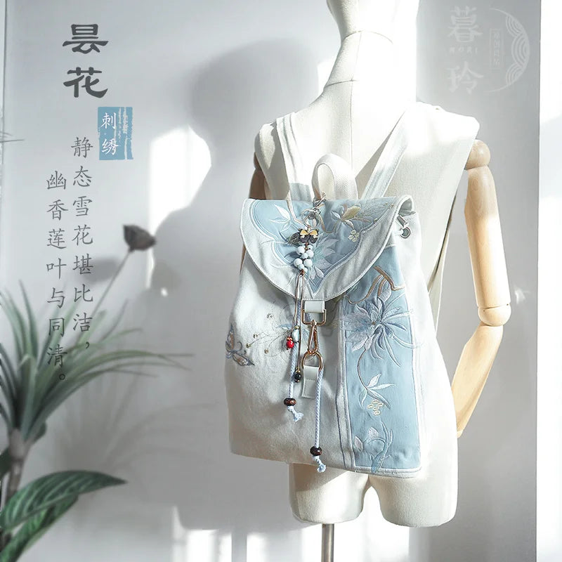 15-Inch Retro Chinese Embroidered Canvas Laptop Backpack - Handmade Drawstring Rucksack
